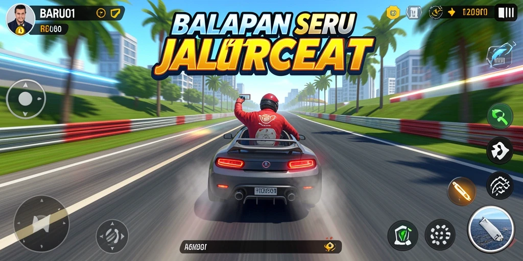 Tampilan gameplay balapan seru di BARU01 dengan mobil dan trek menarik.