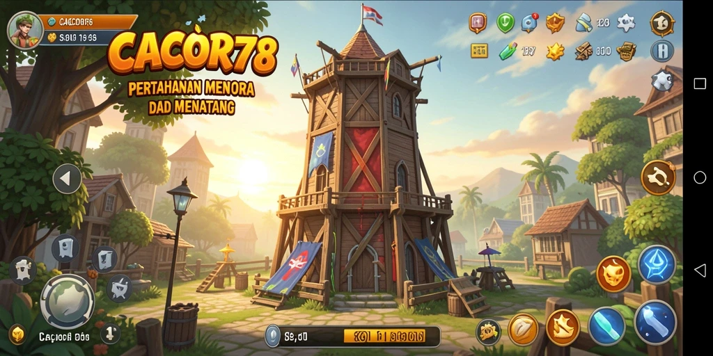 Screenshot gameplay Tower Defense CACOR78 dengan menara yang strategis.