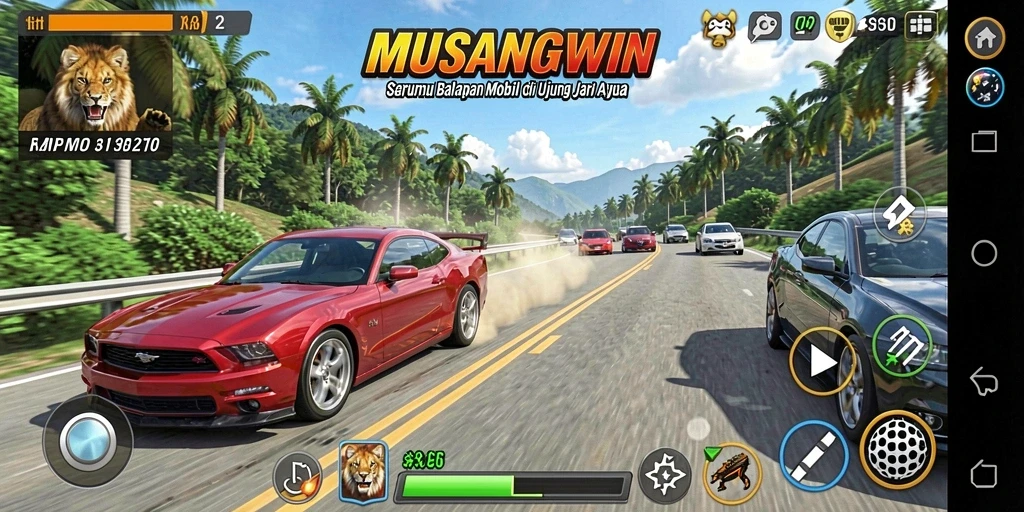 Tampilan gameplay seru dengan mobil balap di lintasan menantang.